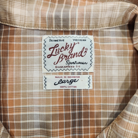Lucky Brand Shirt Mens Large Brown 100% Cotton Pearl Snap Stretch Plaid Western - Picture 6 of 10